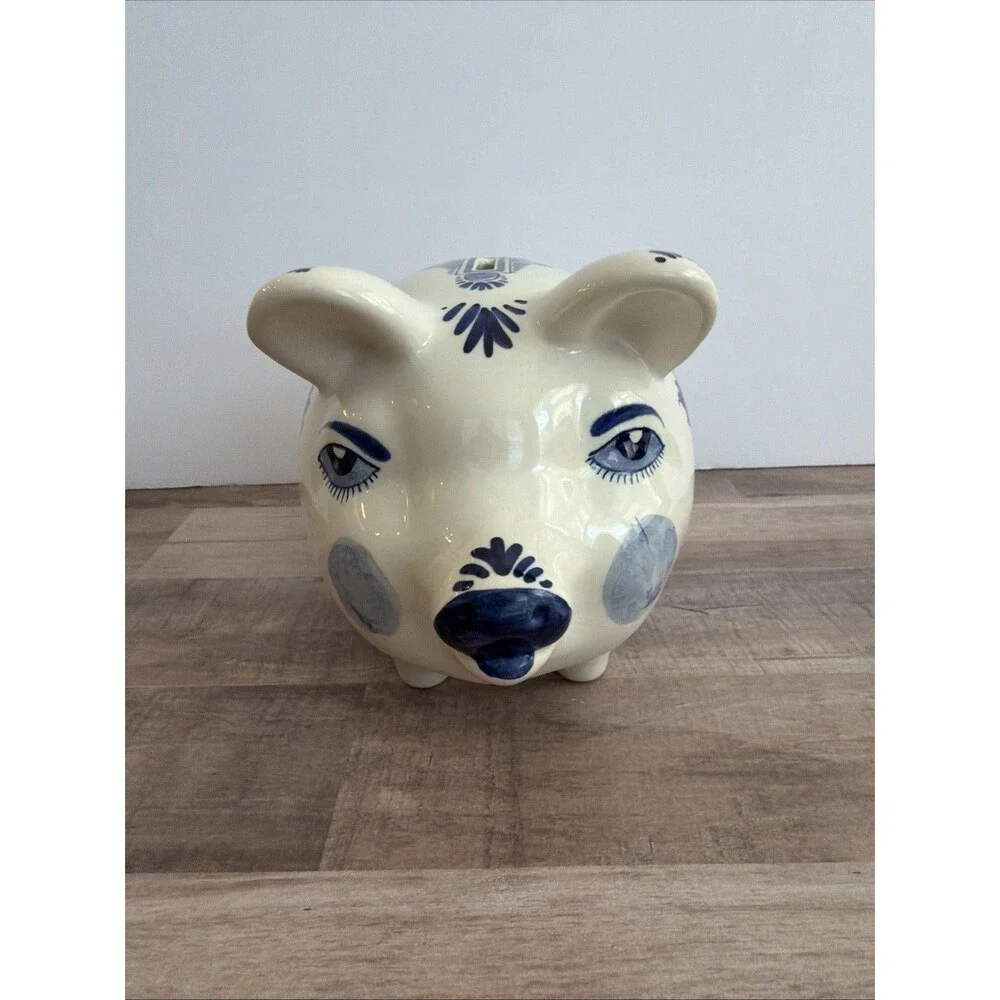 Delft Blue Holland Floral With Stopper Hand Painted Piggy / Coin Bank